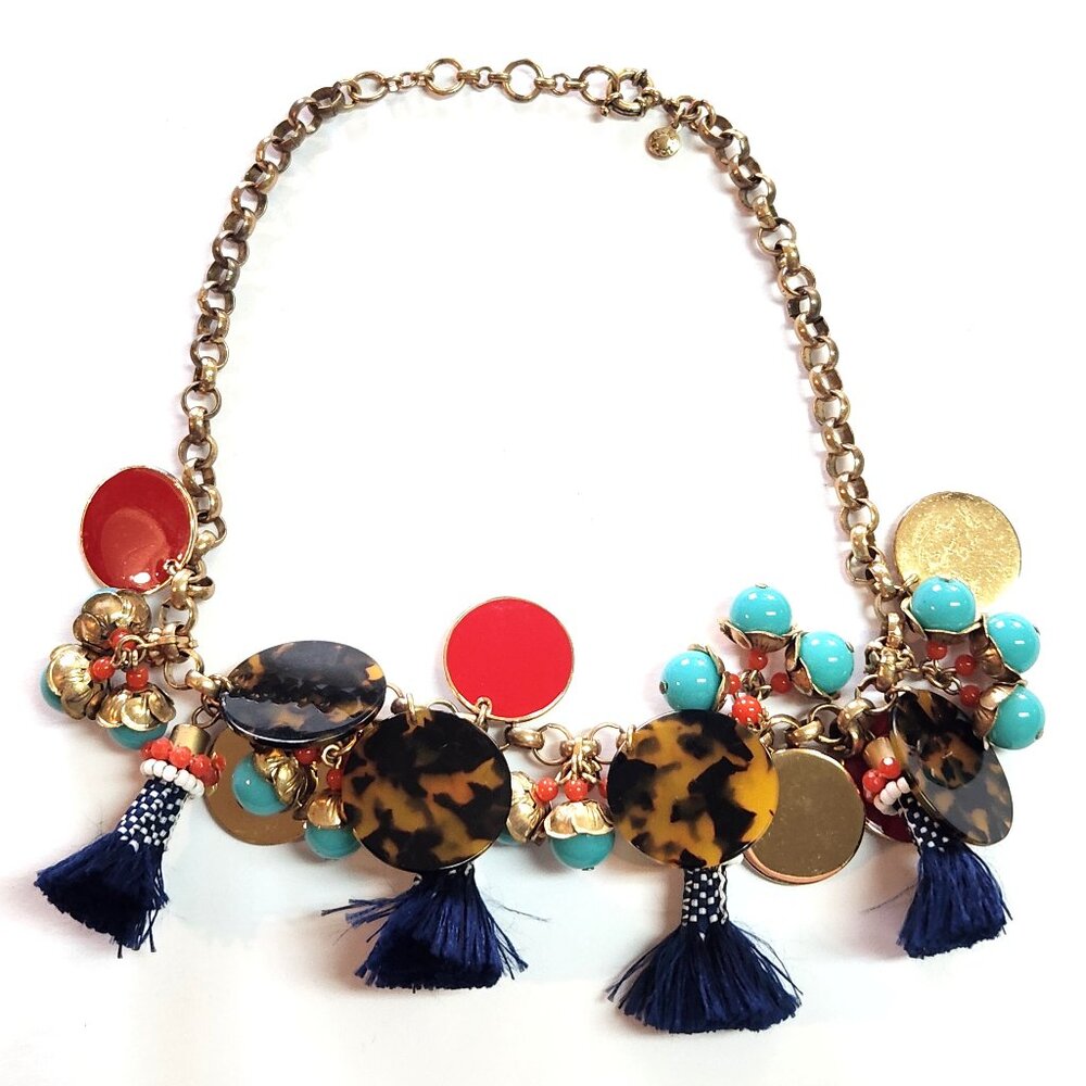 VINTAGE j crew tortoise J.Crew Tassel Trim Statement Necklace Polka Dot BLUE RED